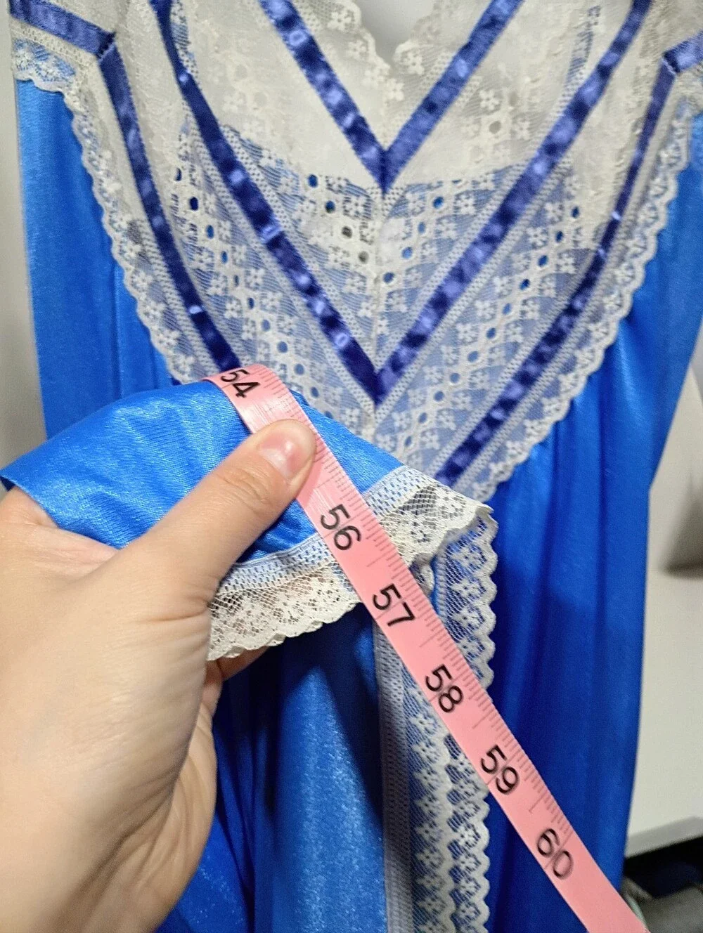 Vintage Electric Blue Lace Silky Night Gown - Picture 8 of 8